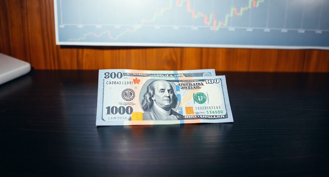 Canadian and US dollar banknotes on a desk with financial chart background near 1.40 level