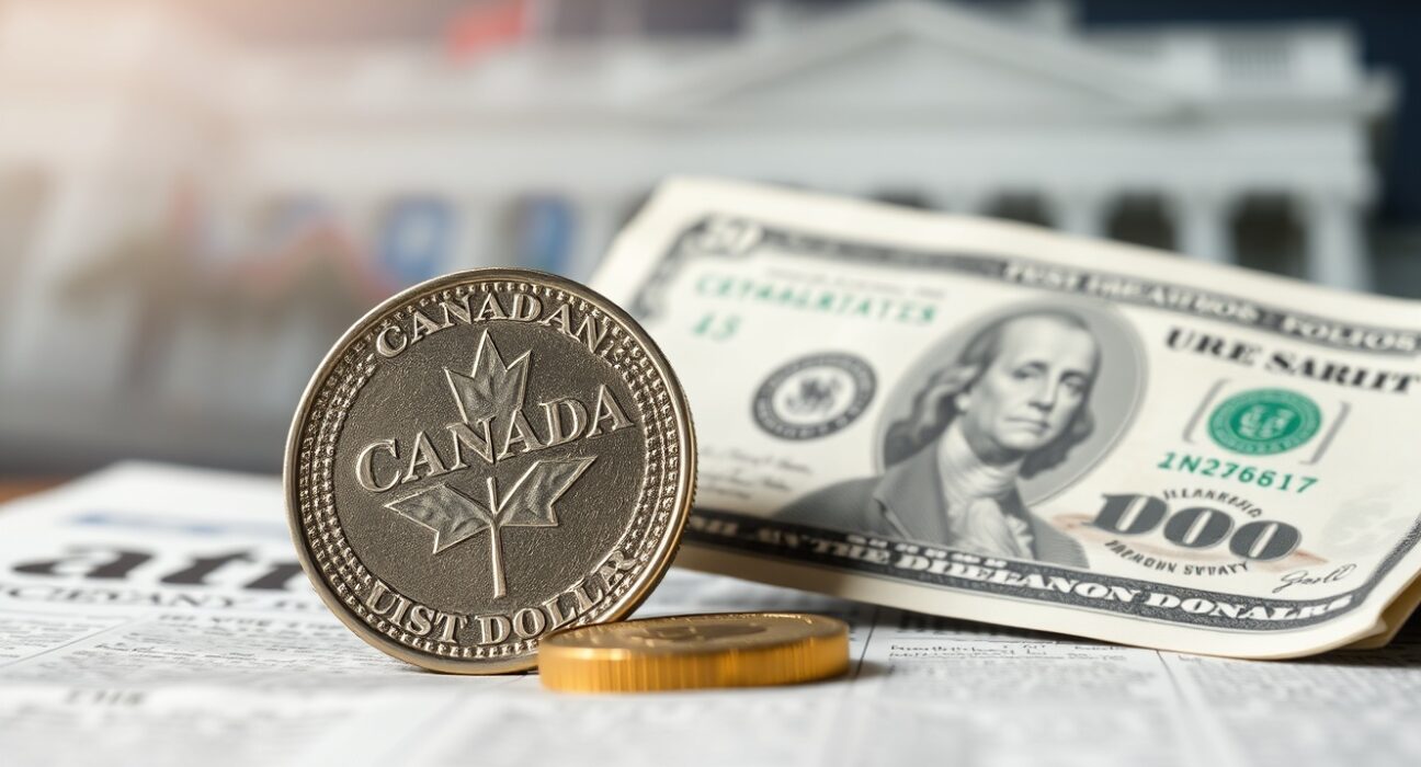 Canadian dollar coin and US dollar bill on financial newspaper with blurred stock market background