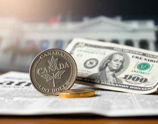 Canadian dollar coin and US dollar bill on financial newspaper with blurred stock market background