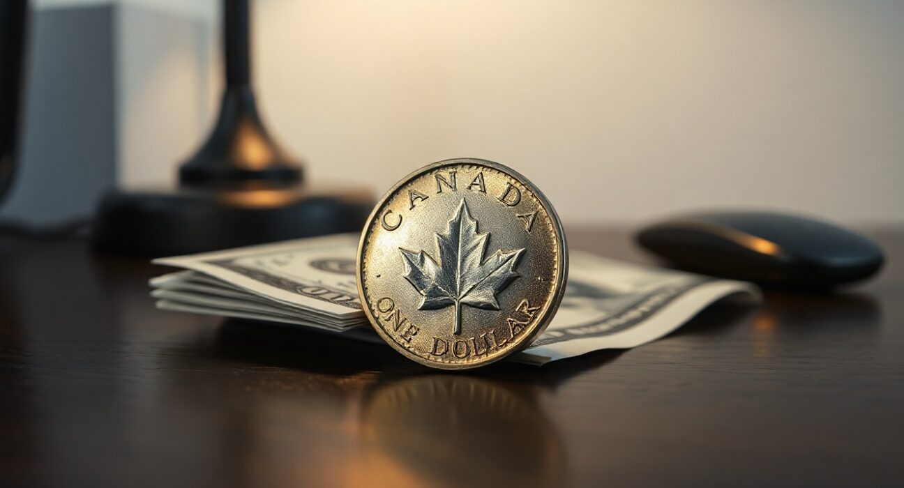 Canadian loonie coin and US dollar bill on a desk, representing currency exchange and forex market analysis.