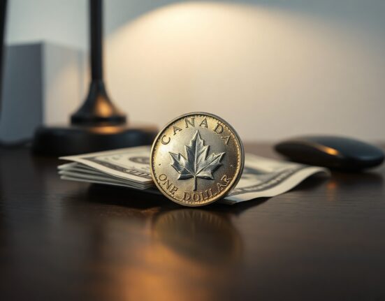 Canadian loonie coin and US dollar bill on a desk, representing currency exchange and forex market analysis.