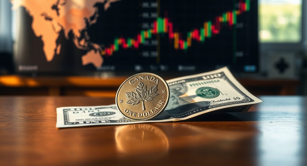 Canadian dollar coin and US dollar bill on table with financial charts in background