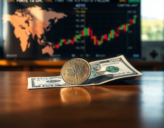 Canadian dollar coin and US dollar bill on table with financial charts in background