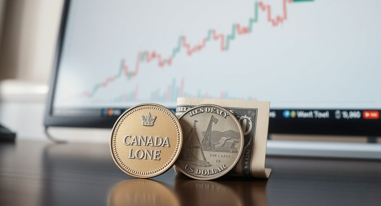 Canadian loonie and US dollar bill on a desk with a financial chart showing a rising trend for the Canadian dollar.