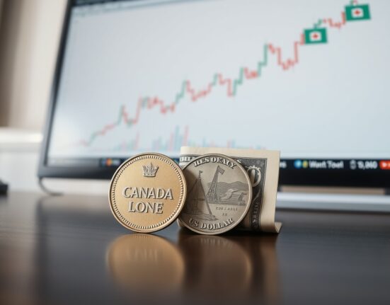 Canadian loonie and US dollar bill on a desk with a financial chart showing a rising trend for the Canadian dollar.