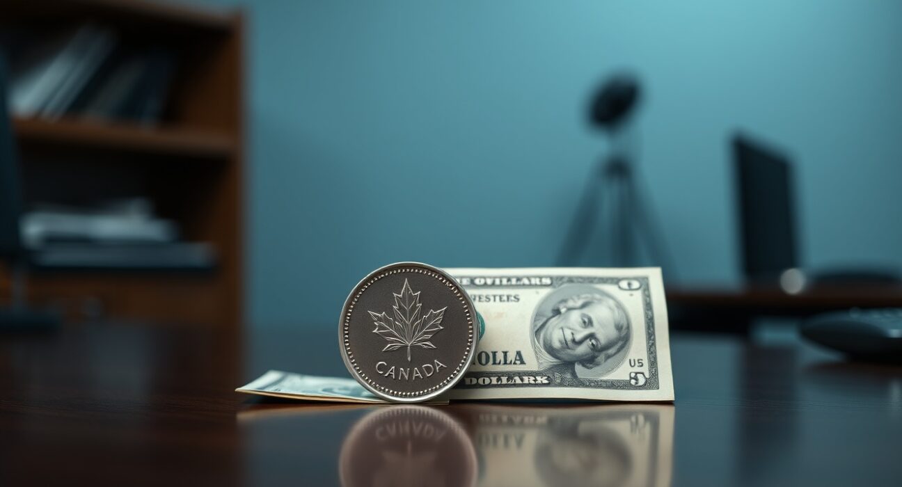 Canadian loonie coin and US dollar bill on a desk, representing USD/CAD exchange rate analysis