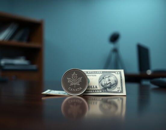 Canadian loonie coin and US dollar bill on a desk, representing USD/CAD exchange rate analysis