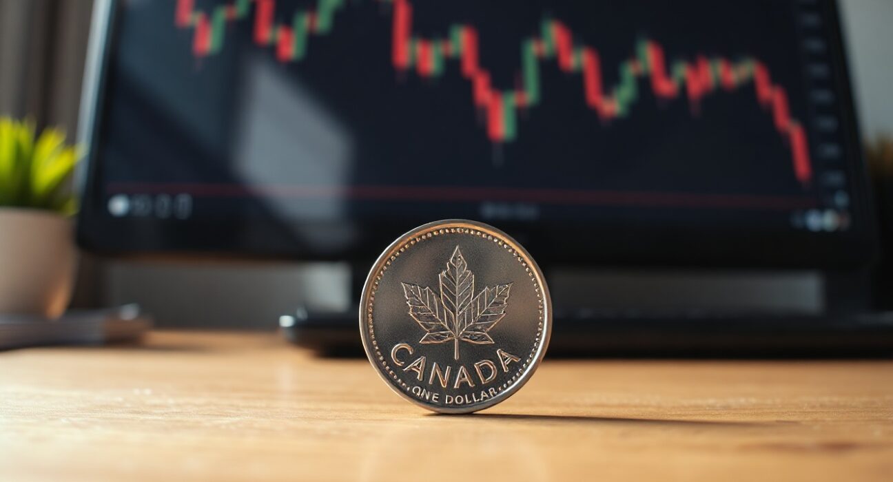 Canadian loonie coin on desk with economic chart in background