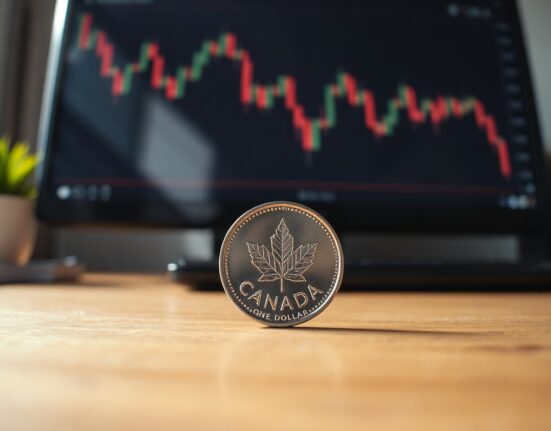 Canadian loonie coin on desk with economic chart in background