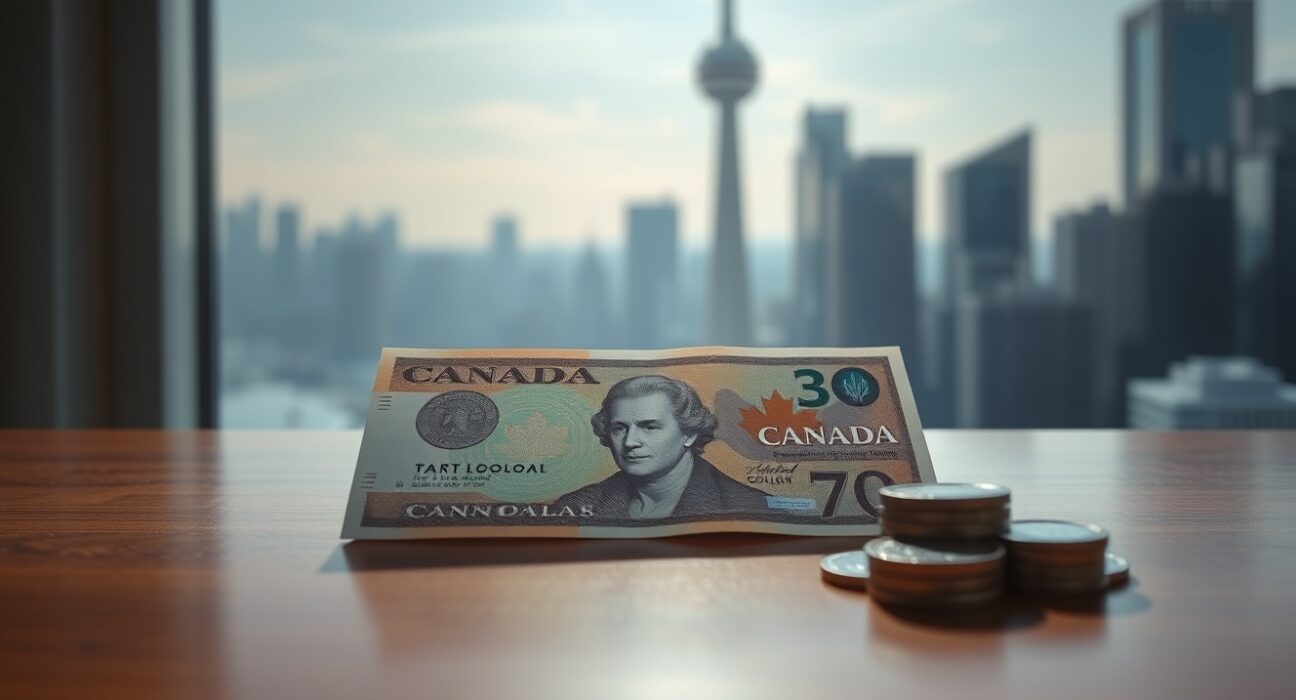 Canadian dollar banknote and coins on a desk with a blurred financial district background