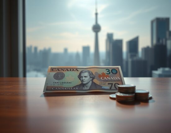 Canadian dollar banknote and coins on a desk with a blurred financial district background