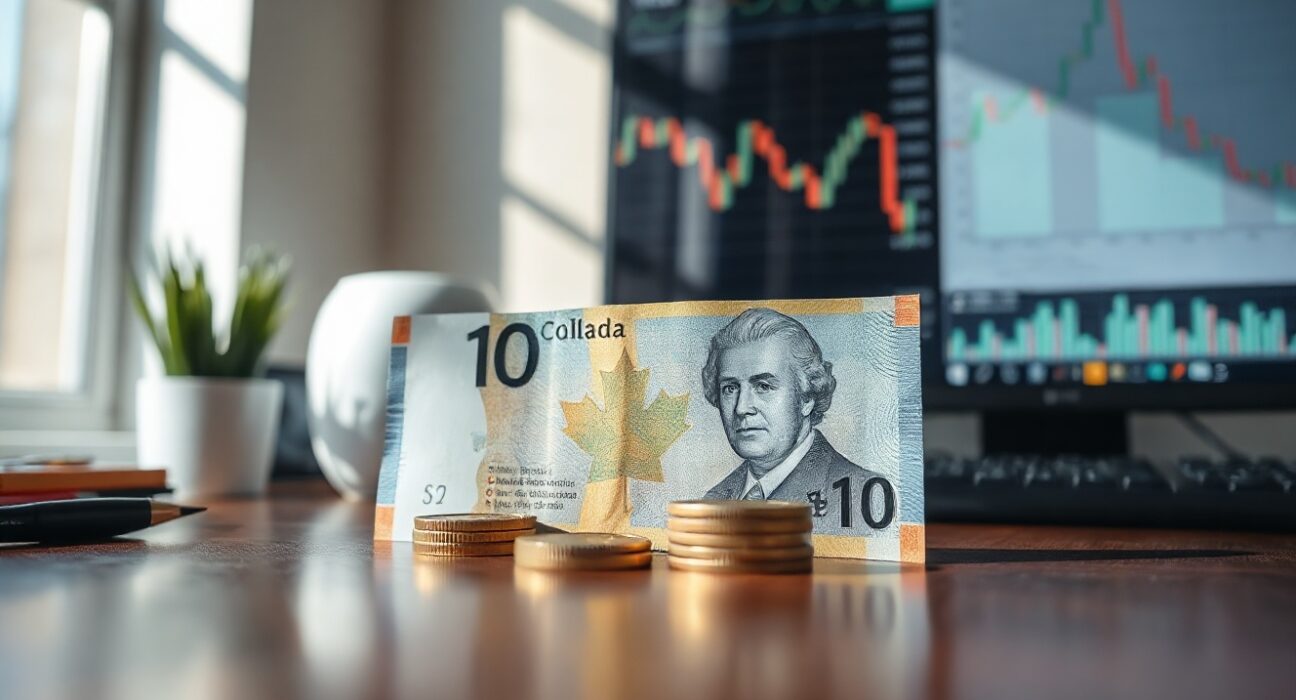 Canadian dollar banknotes and coins on a desk with a financial chart in the background