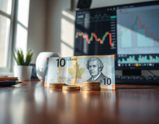 Canadian dollar banknotes and coins on a desk with a financial chart in the background