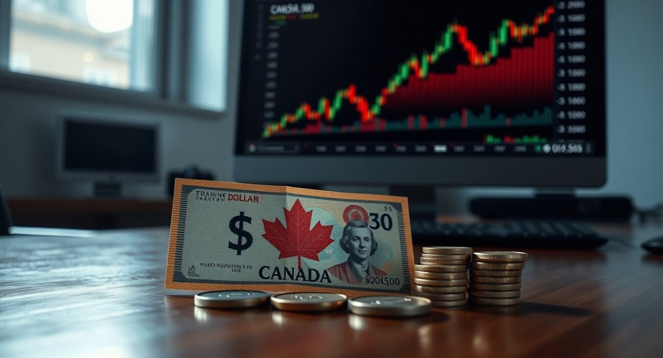 Canadian dollar banknotes and coins with a forex trading chart on a computer monitor in the background