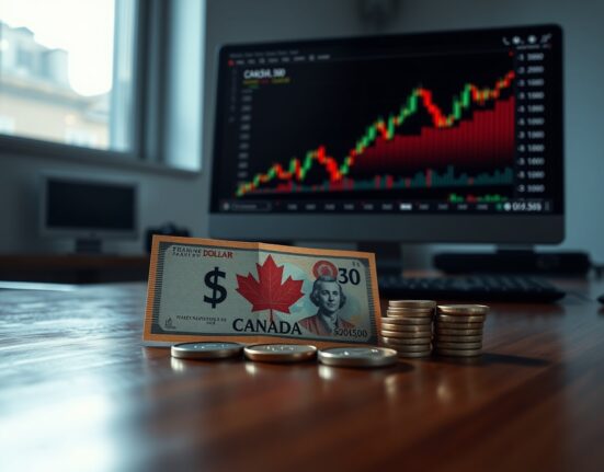 Canadian dollar banknotes and coins with a forex trading chart on a computer monitor in the background