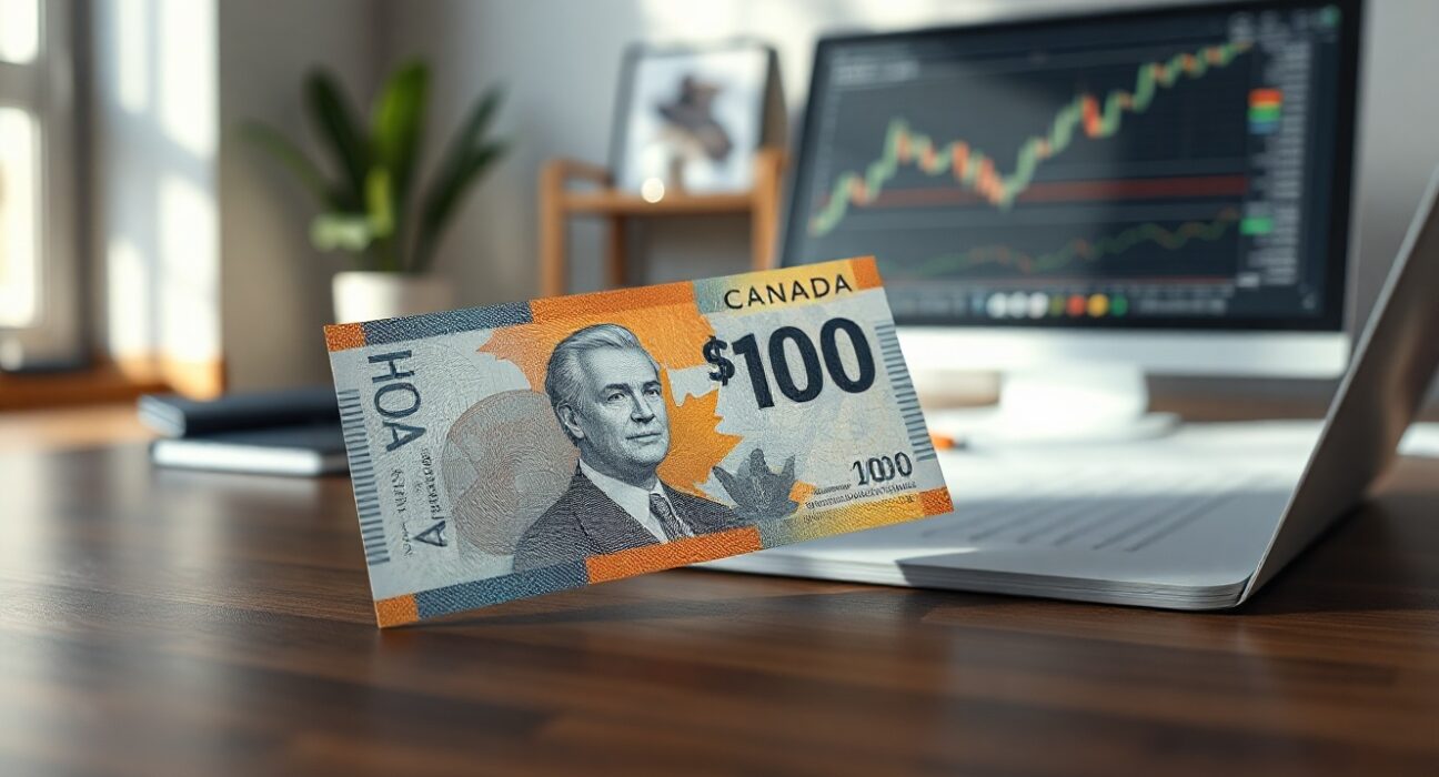 Canadian Dollar banknote on a desk with a financial chart, representing forex market analysis