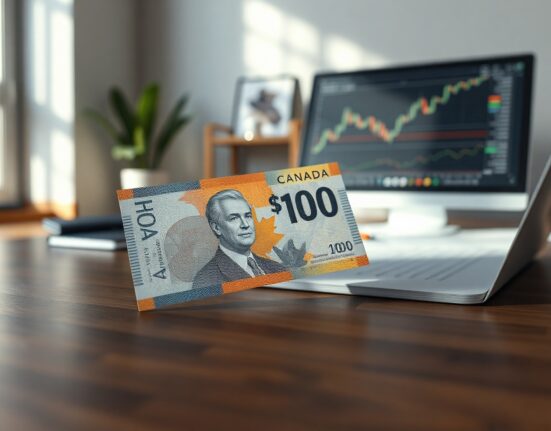 Canadian Dollar banknote on a desk with a financial chart, representing forex market analysis