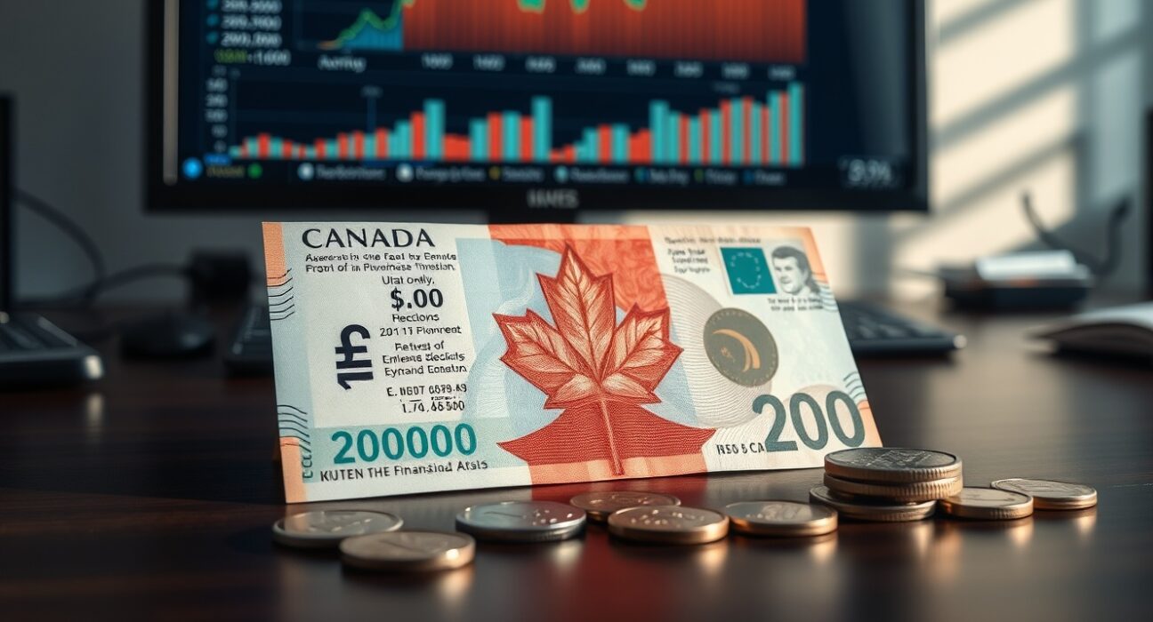 Canadian dollar banknotes and coins on a desk with a financial monitor in the background