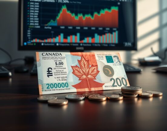 Canadian dollar banknotes and coins on a desk with a financial monitor in the background