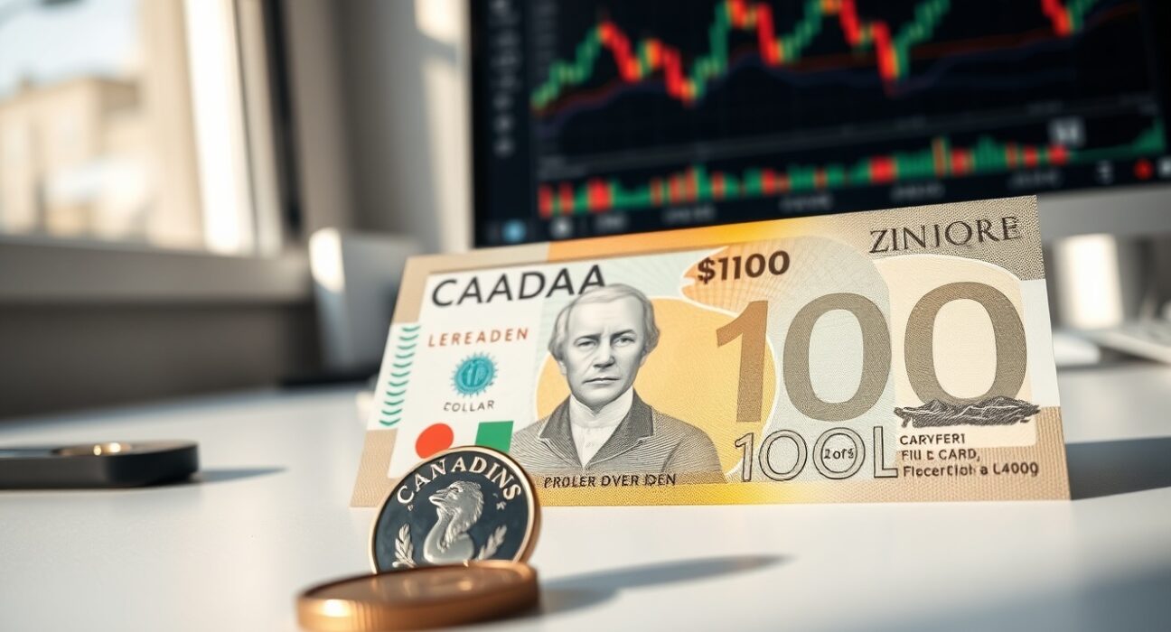 Canadian dollar banknotes and coins on a desk with a financial chart in the background