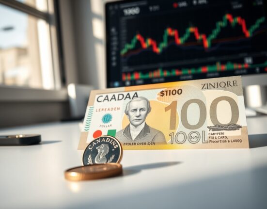 Canadian dollar banknotes and coins on a desk with a financial chart in the background