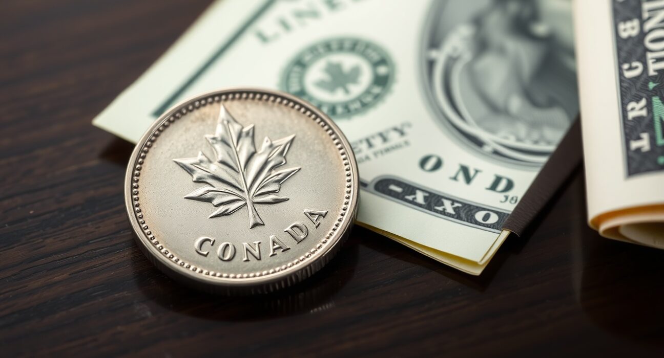 Canadian loonie coin and US dollar bill on a dark wooden surface