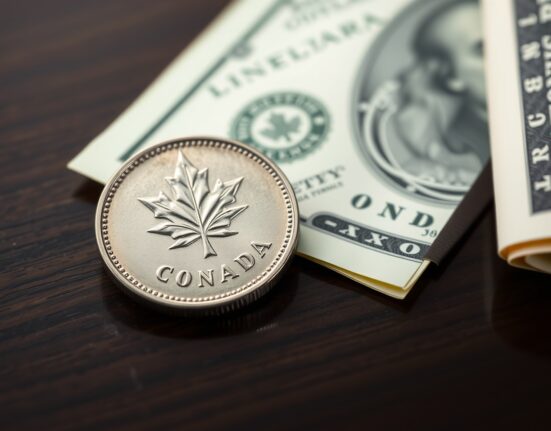 Canadian loonie coin and US dollar bill on a dark wooden surface