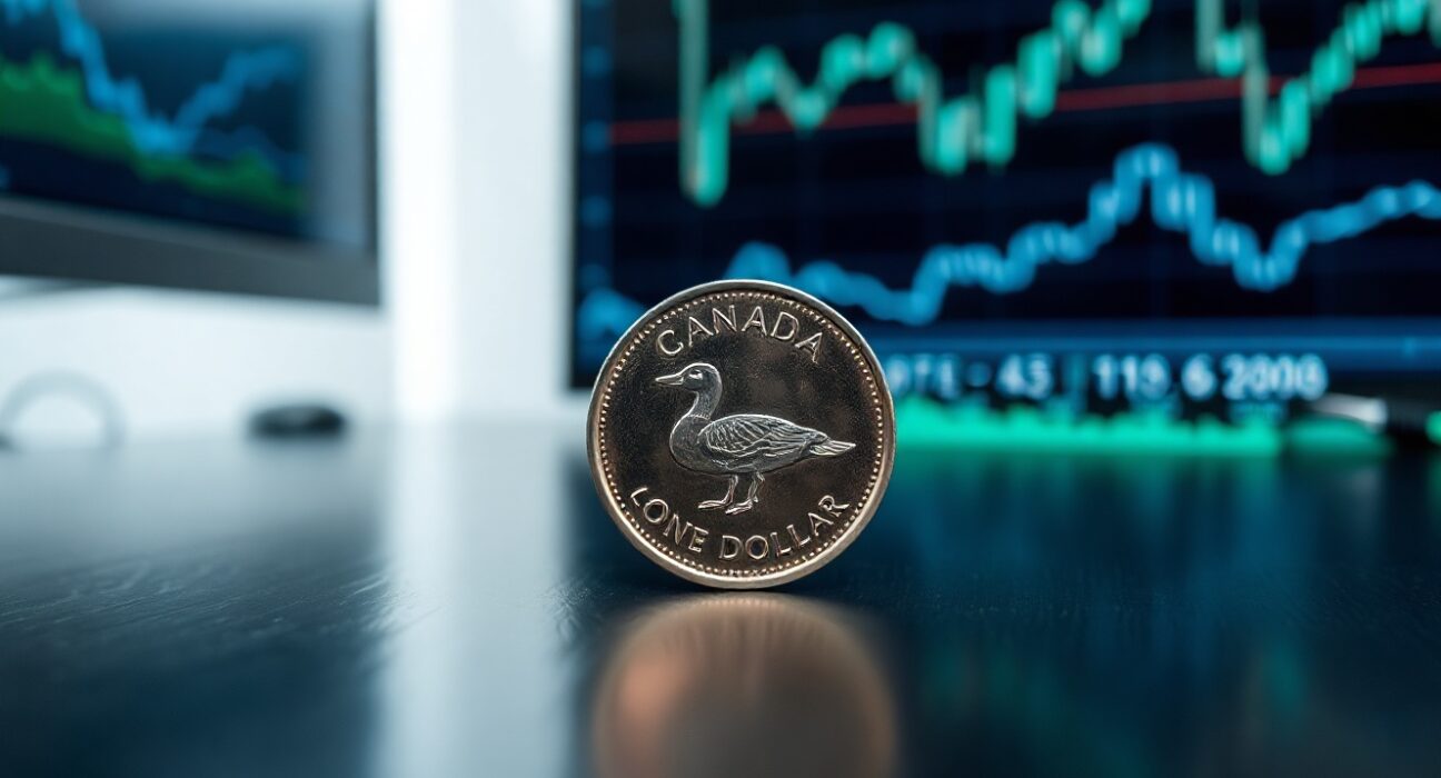 A Canadian Loonie coin resting on a desk with a blurred financial chart in the background.