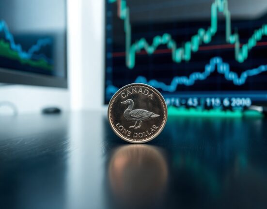 A Canadian Loonie coin resting on a desk with a blurred financial chart in the background.