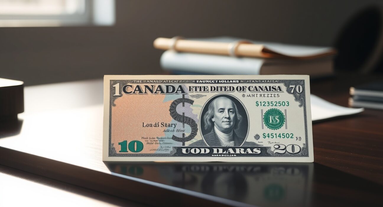 Canadian dollar and US dollar banknotes on a desk, representing forex market analysis