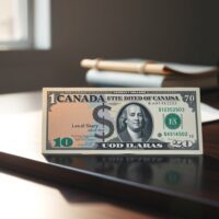 Canadian dollar and US dollar banknotes on a desk, representing forex market analysis