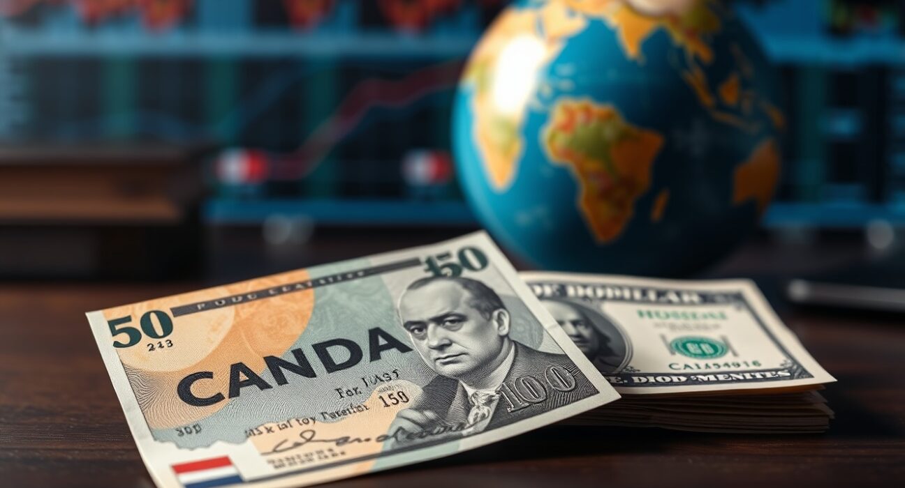 Canadian and US dollar banknotes on a desk with a globe in the background representing forex market volatility.