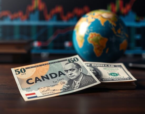 Canadian and US dollar banknotes on a desk with a globe in the background representing forex market volatility.