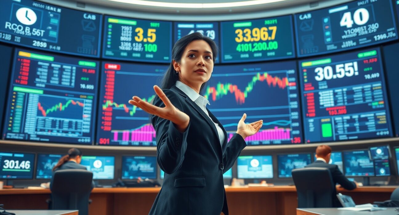 Financial analyst monitoring Canadian Dollar to USD exchange rate movement on trading floor display