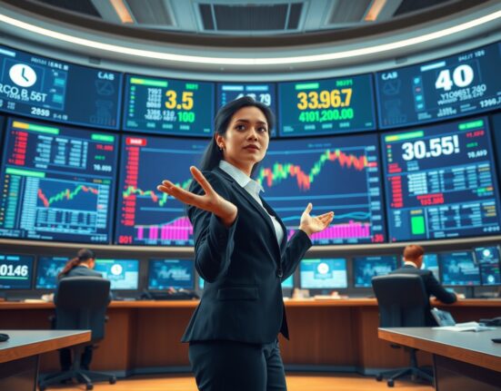 Financial analyst monitoring Canadian Dollar to USD exchange rate movement on trading floor display