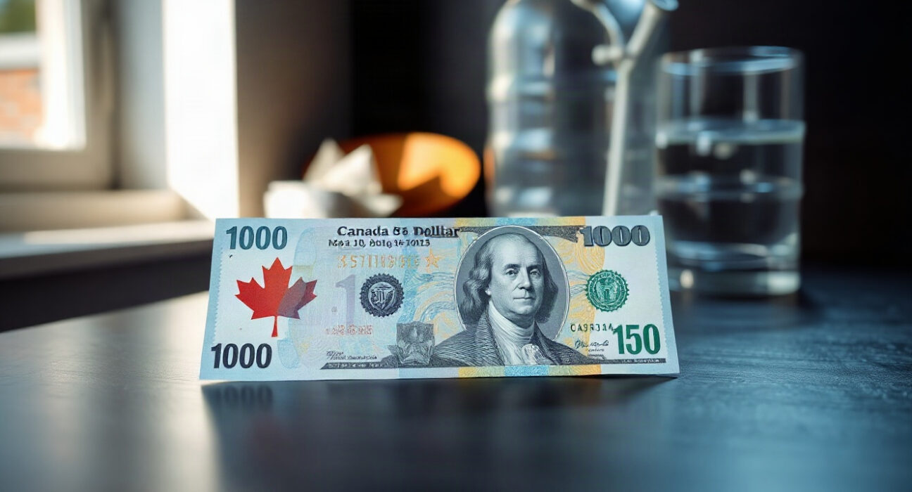 Canadian and US dollar banknotes with oil barrel in background, representing currency and oil price dynamics.