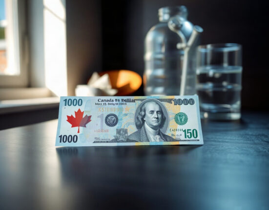 Canadian and US dollar banknotes with oil barrel in background, representing currency and oil price dynamics.