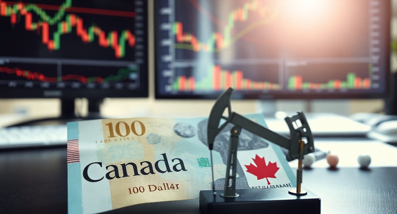 Canadian dollar banknote with oil pump jack model symbolizing manufacturing and energy sector impact on currency