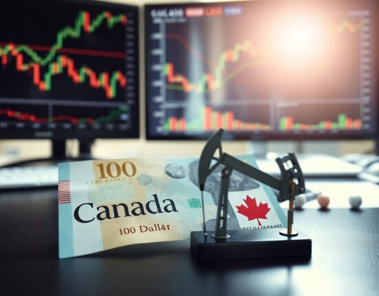 Canadian dollar banknote with oil pump jack model symbolizing manufacturing and energy sector impact on currency