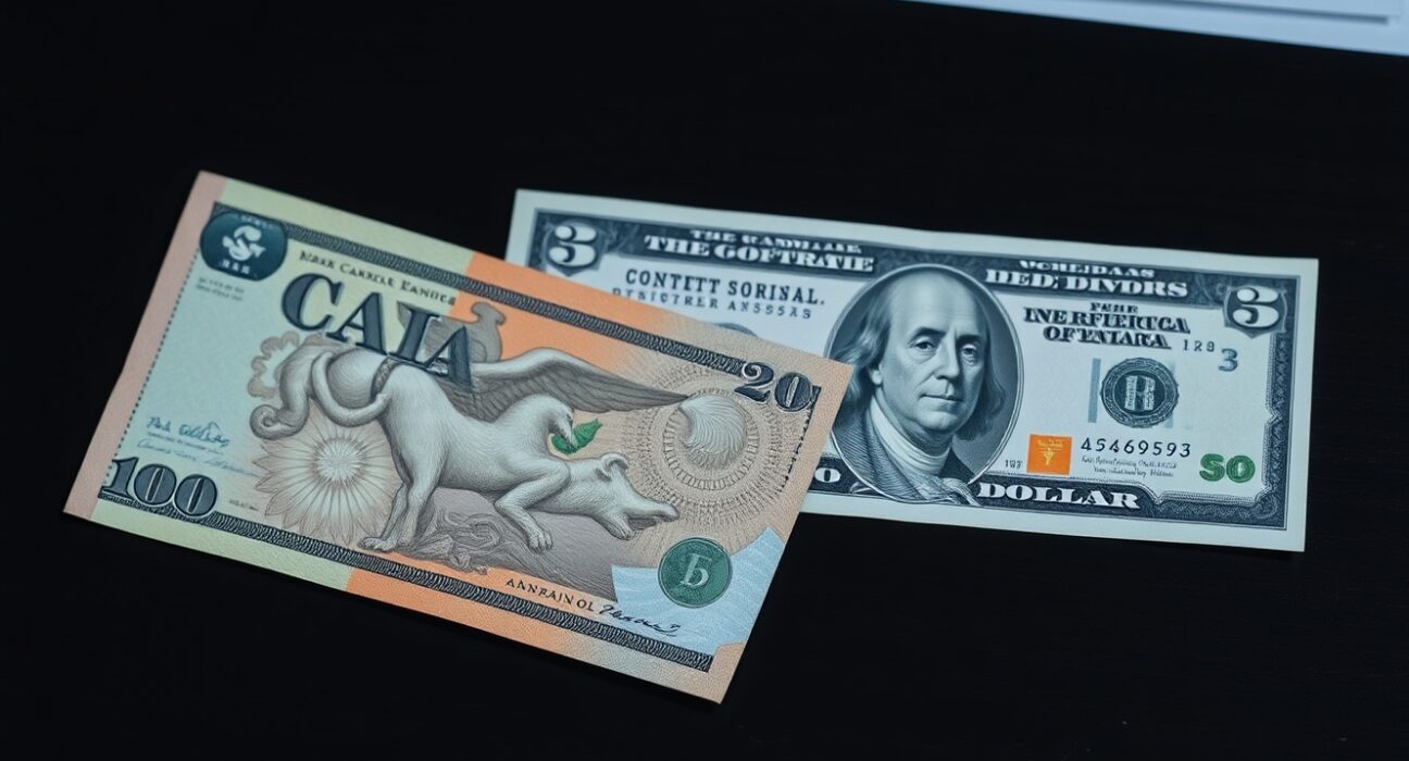 Canadian and US dollar banknotes on a desk representing currency market analysis and tariff impact.