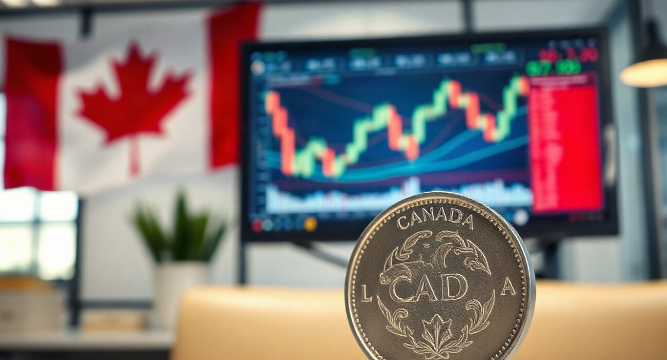 Canadian dollar coin (loonie) with financial charts in background