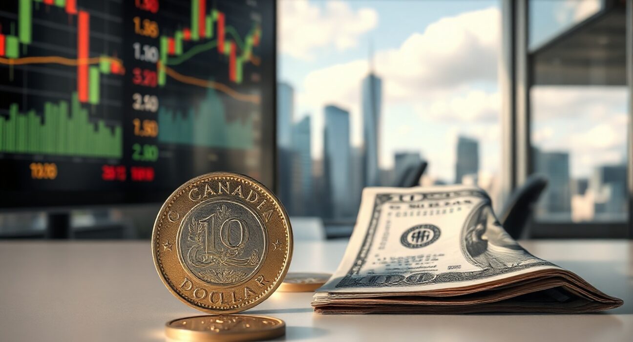 Canadian dollar coin and US dollar bill on a desk with financial charts in background