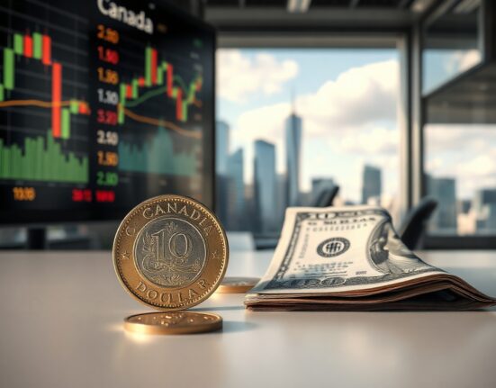 Canadian dollar coin and US dollar bill on a desk with financial charts in background