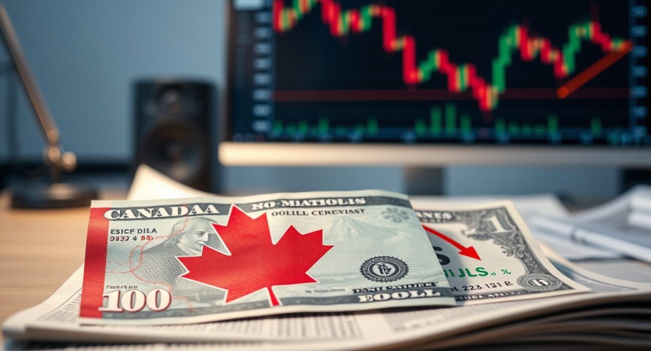 Canadian and US dollar banknotes on a desk with a declining chart, representing currency weakness.