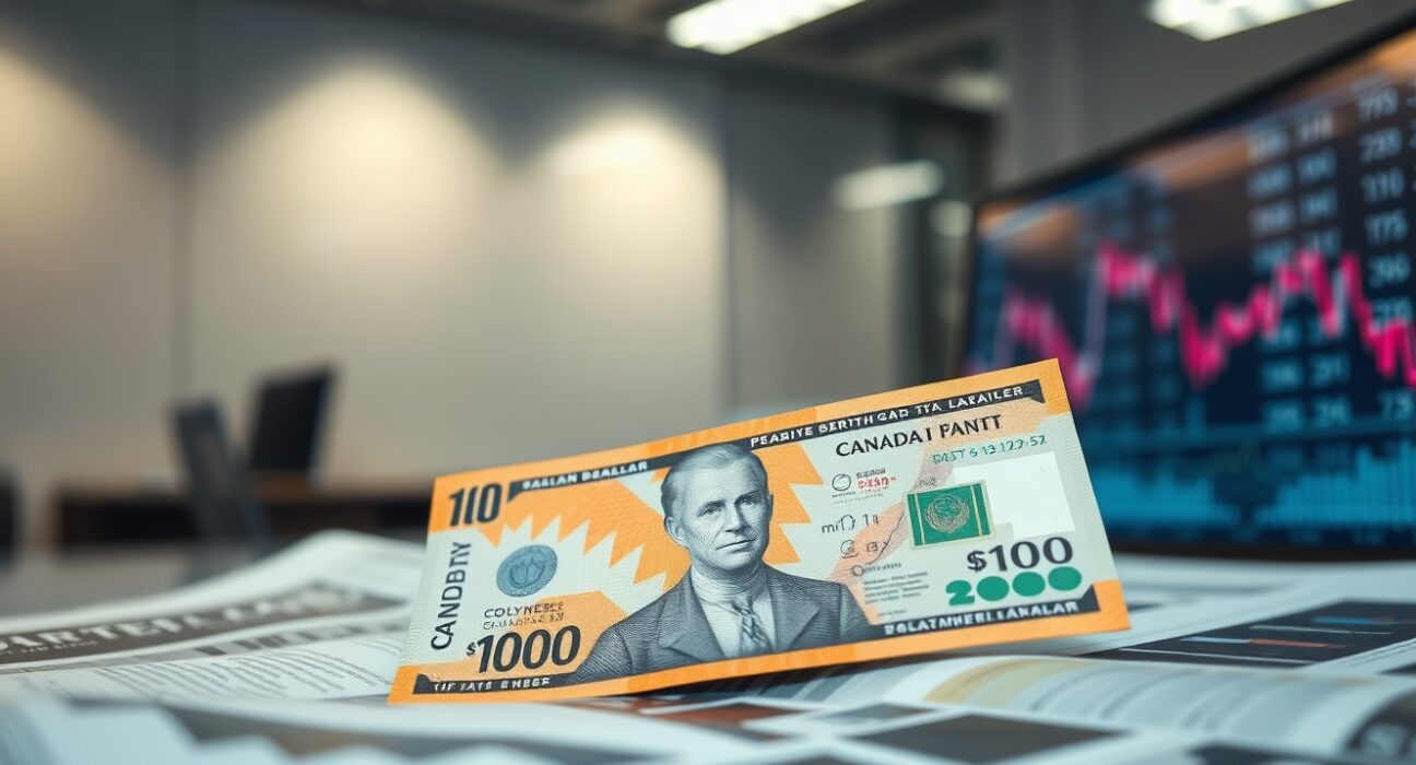 Canadian dollar banknote on financial newspaper with negative market trend
