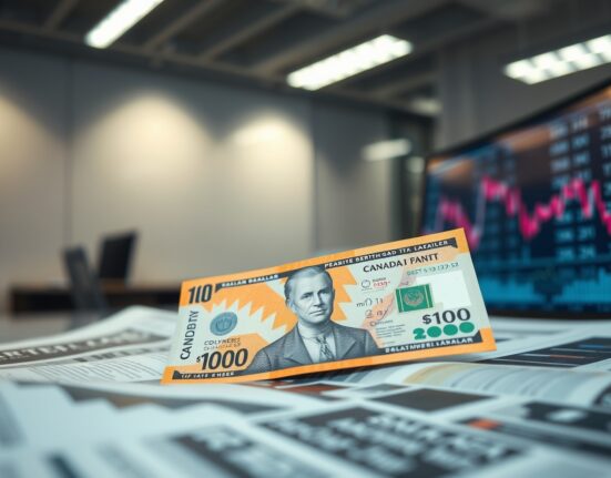 Canadian dollar banknote on financial newspaper with negative market trend