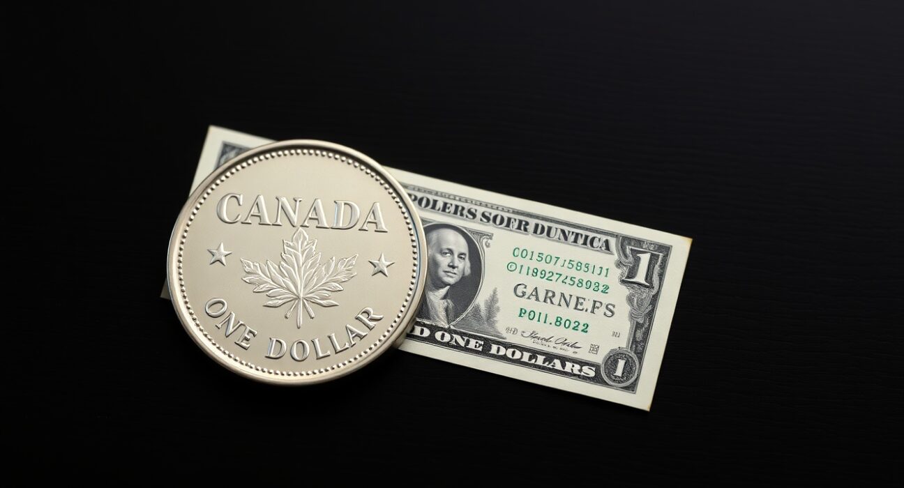 Canadian loonie coin and US dollar bill on a dark surface representing currency market analysis.