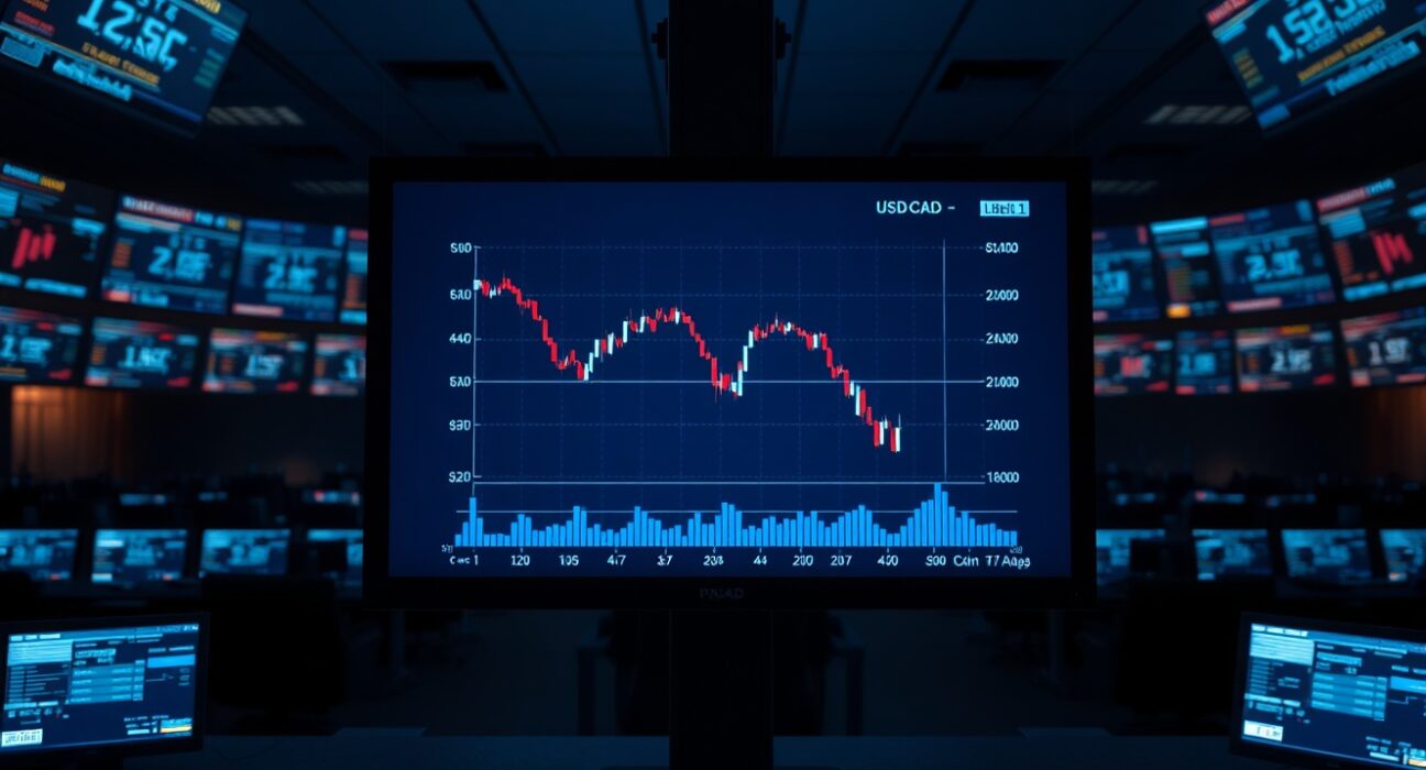 Digital trading screen showing USD/CAD chart with Canadian and US flags, representing forex market tension amid geopolitical uncertainty.