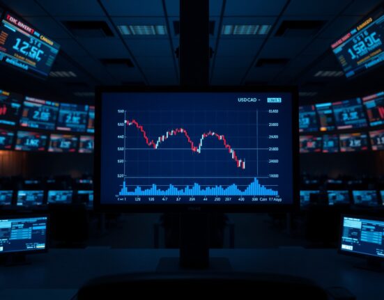 Digital trading screen showing USD/CAD chart with Canadian and US flags, representing forex market tension amid geopolitical uncertainty.