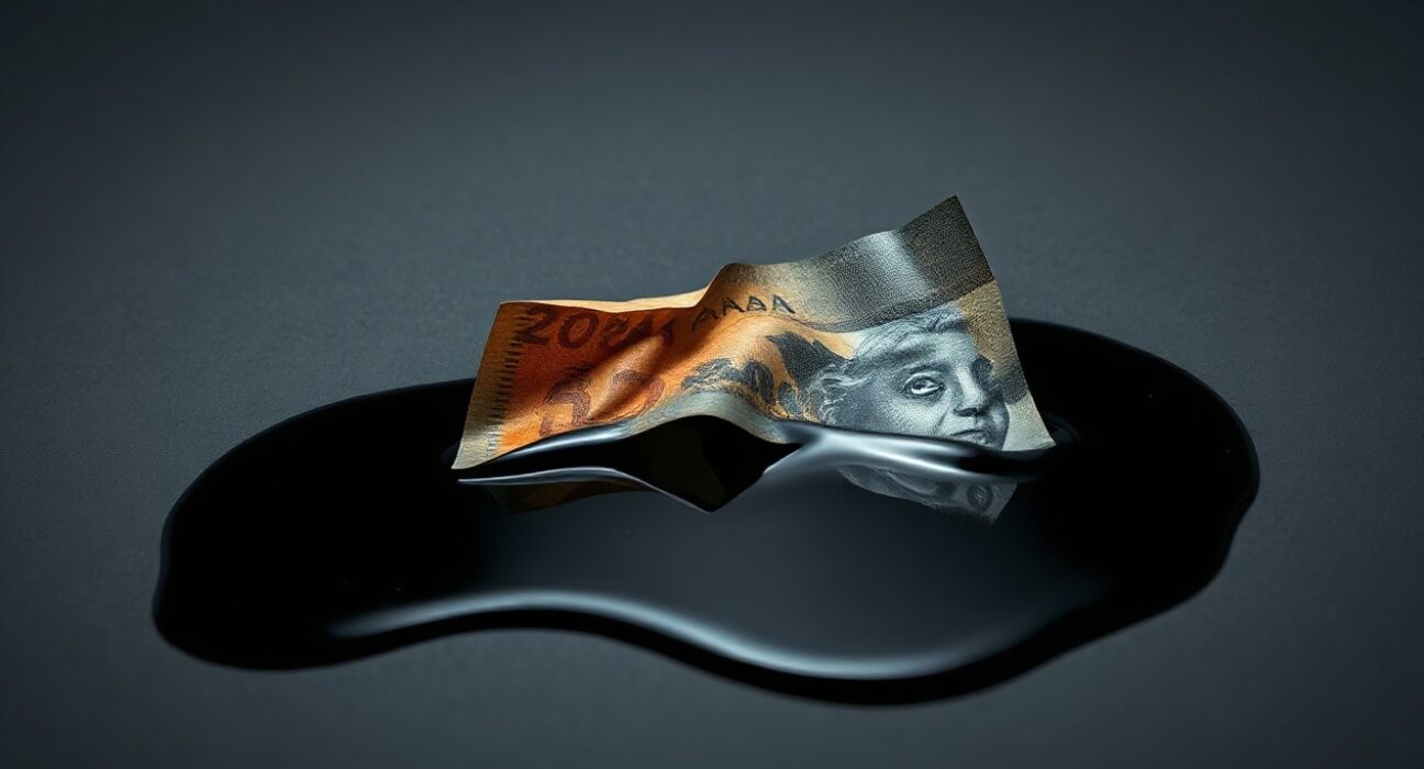 Canadian Dollar banknote partially submerged in crude oil representing currency weakness from weak retail sales and lower oil prices.
